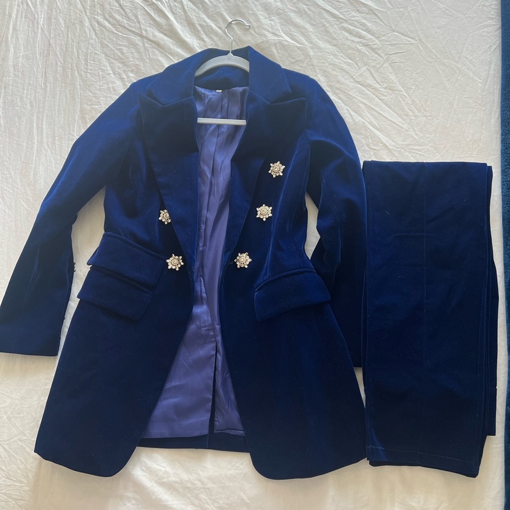 Elegant Blue Velvet Coat and Pants Set